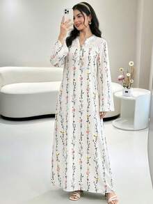 SHEIN Teen Girls White Polyester Long Sleeve Tunic Dress With Ruffle Details And Notched Neckline Vacation Style Floral Print - White - View 2