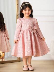 Glamorique Kids Đầm dài tay, xòe rộng bằng vải jacquard màu hồng hoa hồng cho bé gái, đầm dự tiệc sinh nhật cao cấp, trang trí nơ đính cườm thủ công, kiểu dáng thanh lịch và công chúa, phù hợp cho các dịp thường nhật, lễ hội, tiệc tối, đám cưới. - Hồng - Xem 4