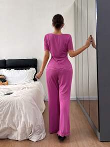 SHEIN 女士方领蕾丝拼接短袖喇叭腿睡衣套装 - 玫紅色 - 查看 2