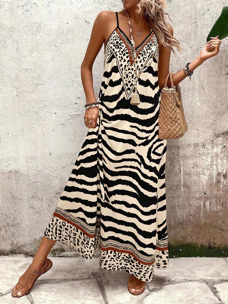 EMERY ROSE Women's Leopard Print Loose Maxi Slip Dress, Elegant For Daily Wear And Vacation, Summer - Apricot - View 1