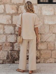 EMERY ROSE 2 件套女式纯色 V 领休闲上衣和裤子套装 - 杏色 - 查看 2