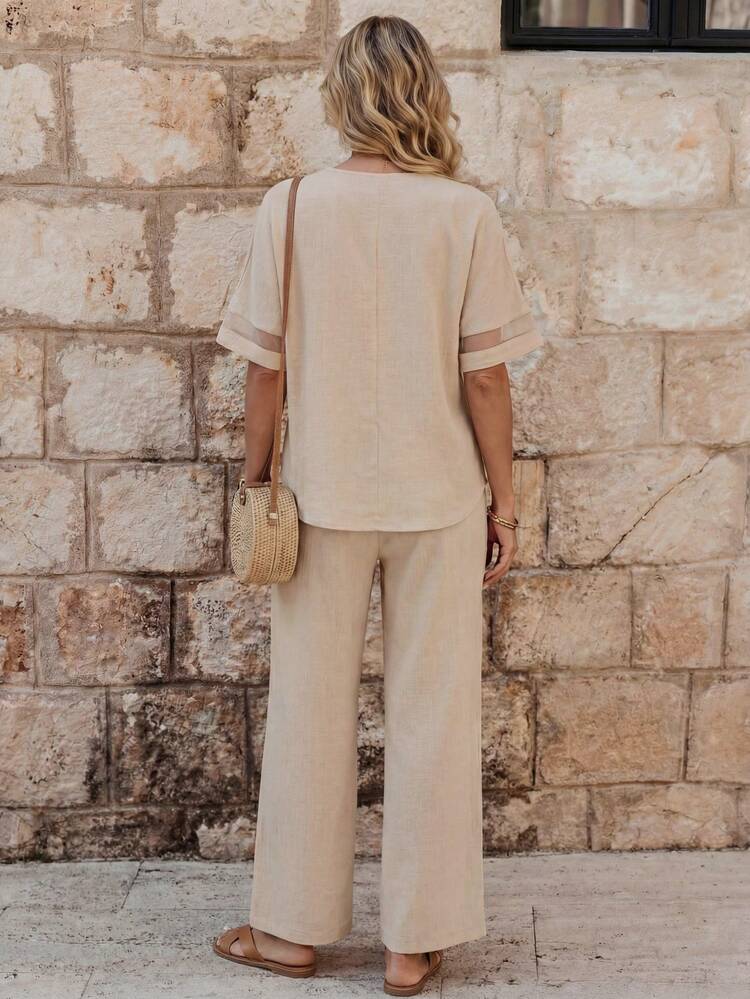 2pcs Women Solid Color V-Neck Casual Top & Pants Set