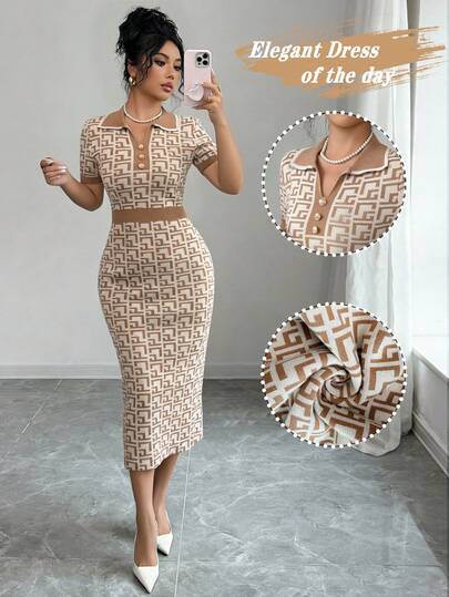 Selianne Women's Elegant Jacquard Button Collar Sweater, Colorblock Commuter Chic Dress For Spring/Summer