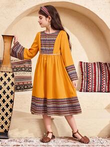 SHEIN Tween Girl Geometric Print Patchwork Long Sleeve Dress - Yellow - View 4