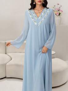 Yasmyna V领花卉贴花网纱拼接长袖连衣裙 - 藍色 - 查看 6