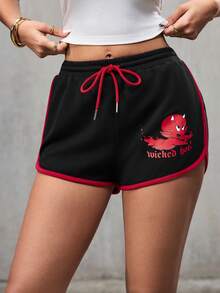 HOT STUFF X SHEIN Women's Casual Cartoon Pattern Elastic Waist Contrast Trim Shorts, Summer - Black - View 3