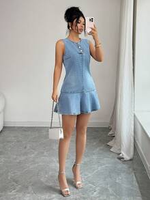 Elenzga Đầm denim nữ cổ tròn cài cúc nửa vạt, kiểu dáng thời trang, thích hợp cho hẹn hò hoặc đi chơi. - Rửa trung bình - Xem 7