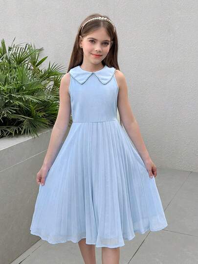 Firerie Kids Tween Girl Elegant Collar Rhinestone Decor Light Blue Pleated Dress, Suitable For Commuting