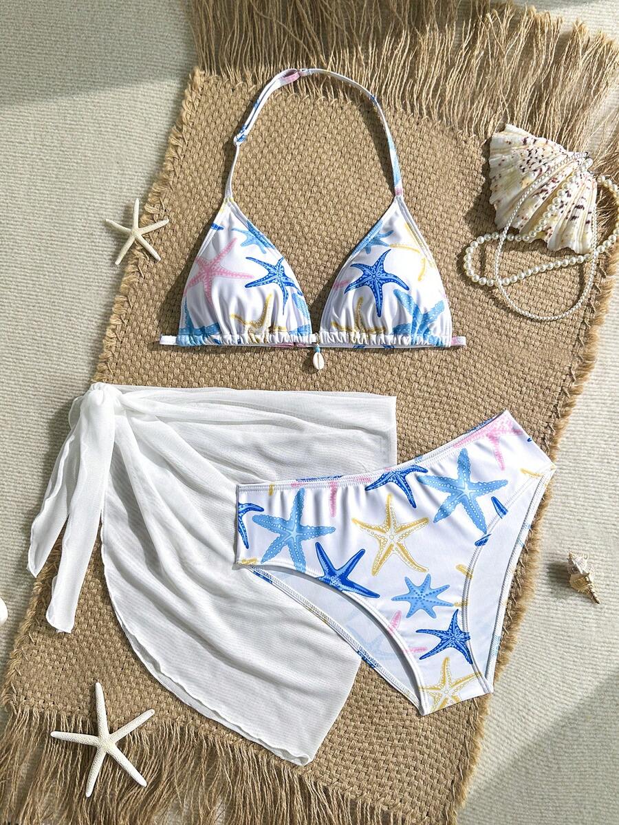 SHEIN Teen Girls 3pcs/Set Summer Holiday Random Print Textured Shell Accessory Triangle Bikini Top And High-Cut Swim Bottoms, Sexy Swimsuit Set