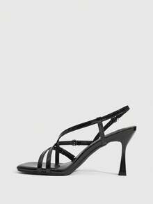 CUCCOO SZL New Square Toe Thin Heel Sandals Women, Patent Leather Criss-Cross Stilettos Metal Buckle Open Toe High Heels Valentine's Day - Black - View 4