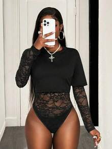 SHEIN PETITE Women's Long Sleeve Sexy Lace Bodysuit - Black - View 3