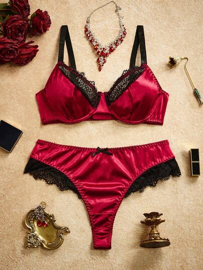 PinupPomp 2pcs Plus Size Sexy & Charming Series Satin Contrast Lace Bow Decor Underwire Bra Set