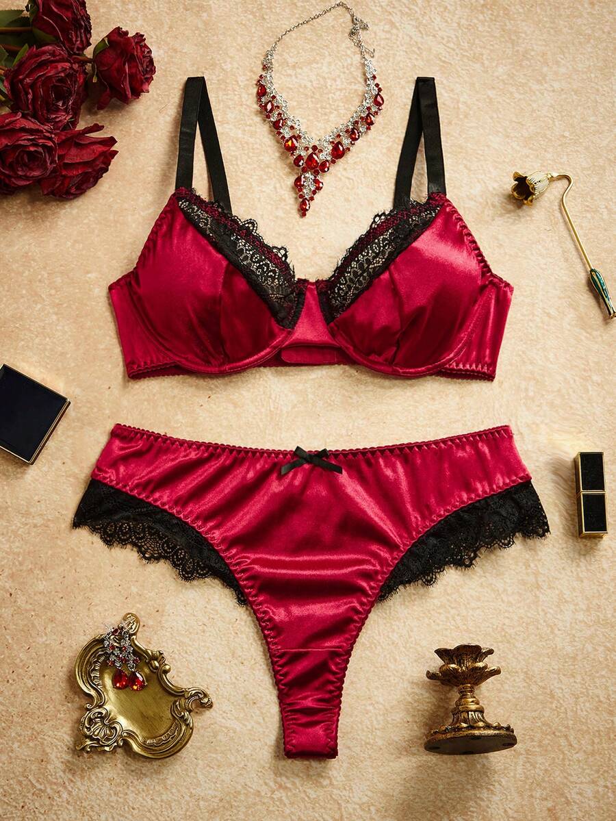 PinupPomp 2pcs Plus Size Sexy & Charming Series Satin Contrast Lace Bow Decor Underwire Bra Set - Burgundy - View 1