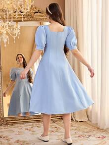 少女优雅简约通勤精致甜美日常方领泡泡袖蝴蝶结A字长款浅蓝色连衣裙，母女装 - 淺藍色 - 查看 2