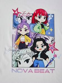 SHEIN 少女Y2K街头风夏季套装，白色卡通印花宽松短袖T恤搭配紫色高腰多口袋阔腿工装裤，宽松休闲两件套，适合少女返校季INS风穿搭 - 紫色 - 查看 7