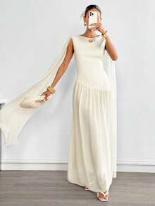 Siren Gaze 女士优雅杏色褶裥连衣裙，夏季 - 杏色 - 查看 1