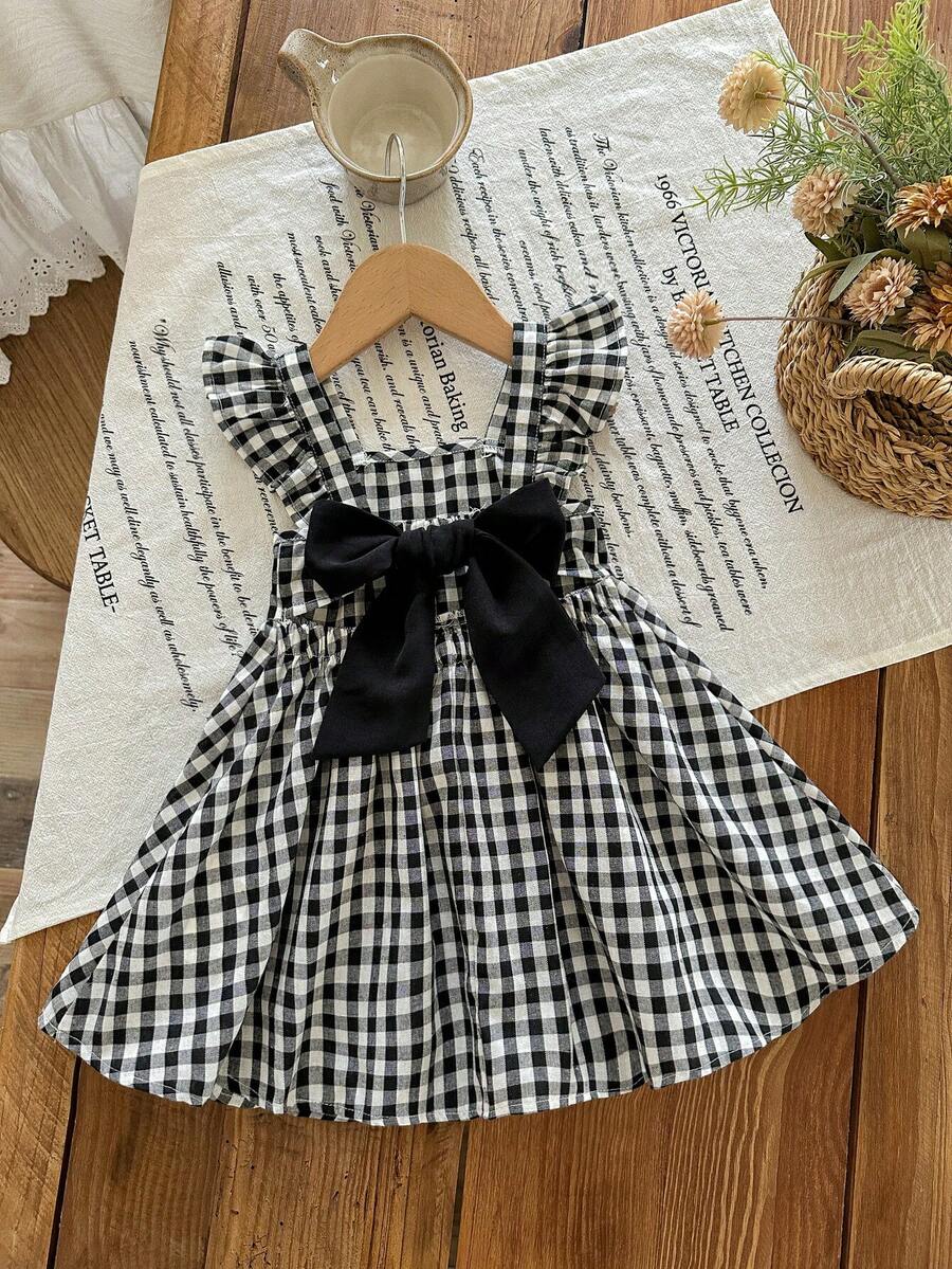 女宝宝可爱度假休闲格子荷叶边蝴蝶结连衣裙 - 彩色 - 查看 1