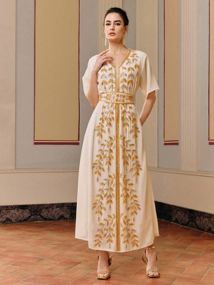 Anewsta 2件套杏色优雅手工刺绣双面睡袍连衣裙套装 - 杏色 - 查看 3