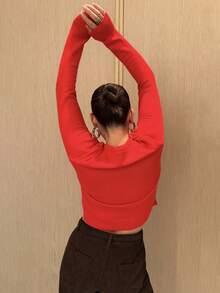 Kuleshova 女士优雅纯色圆领纽扣长袖休闲毛衣上衣，百搭实用，适合圣诞节、日常穿着、商务休闲场合，秋冬季针织衫。 - 紅色 - 查看 2