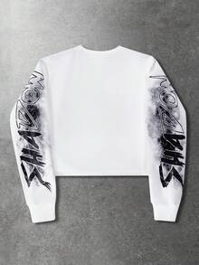 ROMWE MEN Street Life Men's Letter & Portrait Graphic Crew Neck Long Sleeve Pullover Sweatshirt - White - View 2