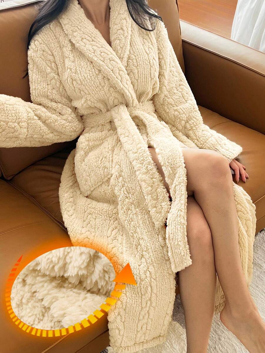 DAZY Women's Minimalist Textured Fleece Long Robe, Winter Loungewear - Apricot - View 1