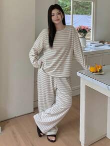 Dazy Plus 两件套休闲条纹宽松睡衣套装 - 长款上衣和长裤，春夏秋季 - 綠色 - 查看 1