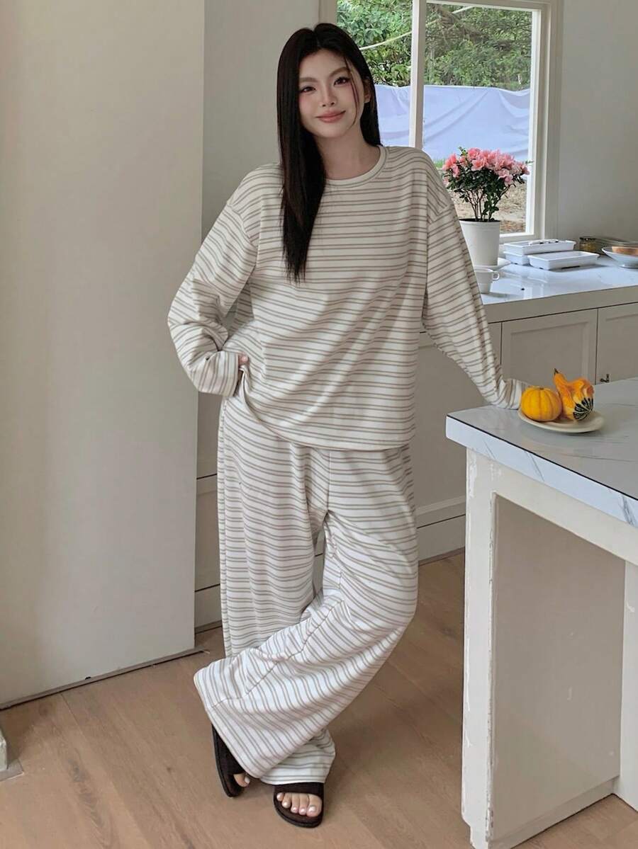 Dazy Plus 两件套休闲条纹宽松睡衣套装 - 长款上衣和长裤，春夏秋季 - 綠色 - 查看 1