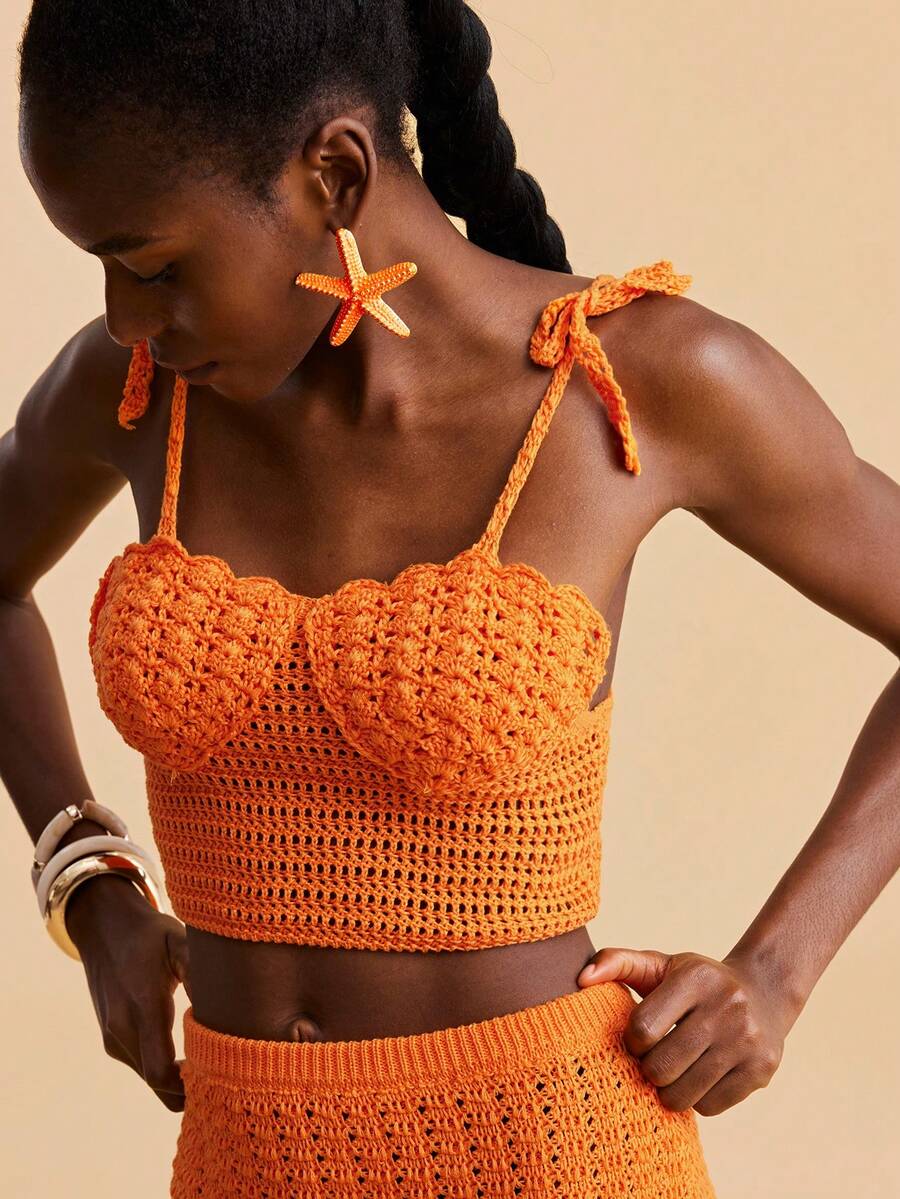 Travachic Women's Summer Sexy Beach Vacation Knotted Shoulder Pointelle Knit Sweater 2 Pieces Set - Orange - View 1