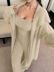 DAZY 3pcs/Set Faux Fur Robe, Camisole & Pants Women Pajama Set, Winter - Beige - View 5