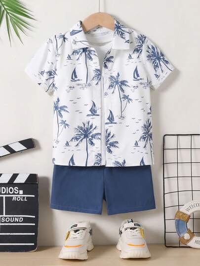 SHEIN Streecool Kids 男童棕榈树印花短袖衬衫和短裤两件套，休闲夏季服装