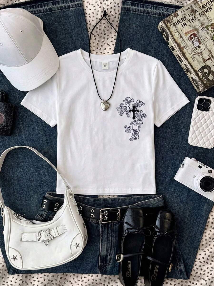 少女休闲简约修身圆领短袖高腰露脐常规T恤,适合夏季穿着 - 彩色 - 查看 1