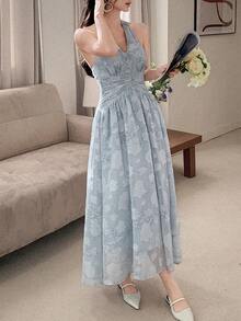 DAZY 女士优雅度假风纯色提花露背系带褶皱腰连衣裙，情人节女士吊带裙 - 灰藍色 - 查看 4