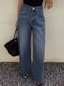 DAZY Women's Regular Waist Loose Rhinestone Embellished Casual Straight Leg Jeans - Medium Wash - View 6