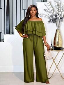 Brilight 女士优雅休闲棉麻两件套 - 蛋糕式双层荷叶边上衣和阔腿裤 - 日常穿着、休闲穿着、夏季度假、音乐节、假日套装、春夏女装 - 綠色 - 查看 1