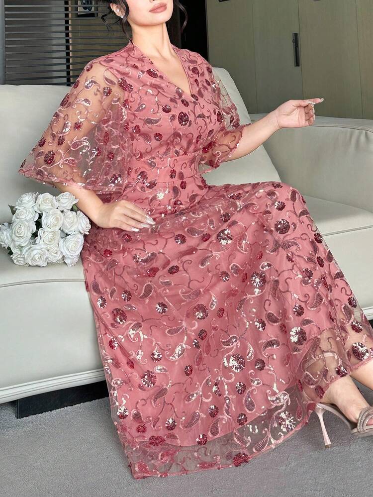 Dazy Plus Valentine Plus Size Women Sequin Embroidered V-Neck Waist Cinched Elegant Long Party Dress, Spring/Summer Sparkly Dress Sundress