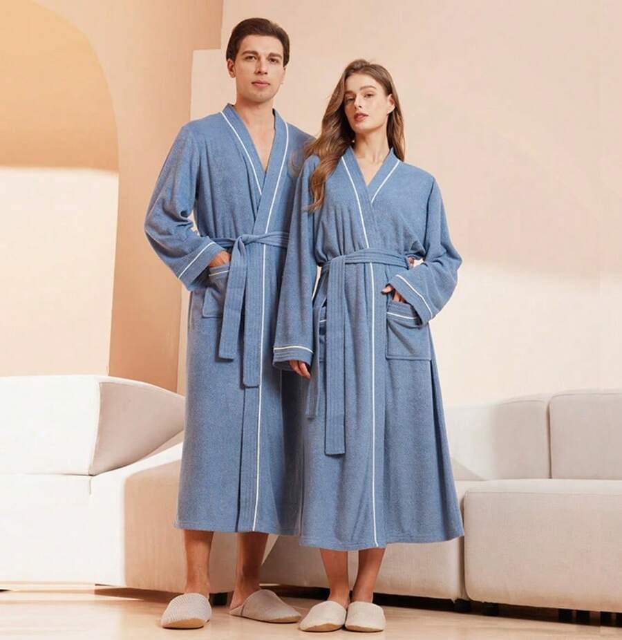 1pc Waffle Bathrobe, Adult Men's And Women's Bathrobe, Spring And Summer Bathrobe, Homestay Bathrobe, Absorbent Quick Drying, Loose Version, Bathroom Items, Household Items - Blue - View 1