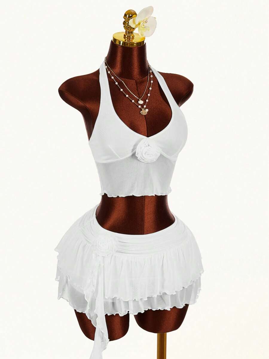 Amplova 2026早春新款露脐流苏白玫瑰衬衫和低腰A字裙女士两件套 - 白色 - 查看 1