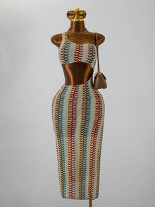 Bonvoyette Spring/Summer Knit Jacquard One-Shoulder Wireless Women Beach Vacation Viral Long Dress Coverup - Multicolor - View 3