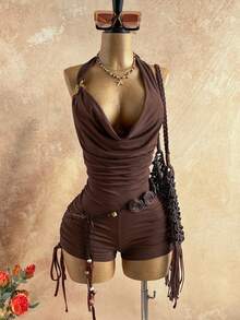 Soleia 女士复古渐变印花网纱金属装饰层叠荷叶边深V领连体裤，性感显瘦时尚，适合派对、约会、情人节、狂欢节、复活节、西部牛仔风、邮轮旅行、假日、海滩、音乐节、波西米亚风度假等场合，四季皆宜。 - 棕色 - 查看 3