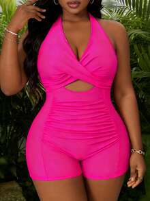 Slaydiva Plus Size Women's Fuchsia Deep V Neck Hollow Out Ruched One-Piece Swimsuit, Beach Vacation Curve Bathing Suit Set Bathing Suits For Women Pink Sexy One Piece Swimsuit For Women Two Piece Women Sets Sexy - Hot Pink - View 4