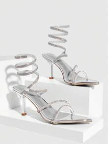CUCCOO SZL Women's Pointed Toe Rhinestone Wrapped Design Fashionable Elegant High Heel Sandals - Silver - View 4