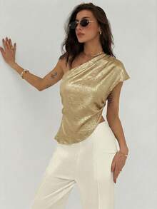 Aloruh Women's Fashionable Commuter Asymmetric Collar Metal Blouse, Summer - Gold - View 5