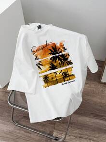 Manfinity RSRT Men's Vacation Palm Tree Letter Print Round Neck Short Sleeve Casual T-Shirt - White - View 2