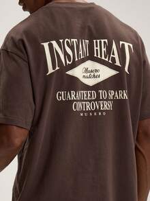 Áo thun tay ngắn dáng rộng, vai rớt, cổ tròn in hình "INSTANT HEAT" - Thích hợp mặc nhiều lớp trong mùa xuân hè. - màu nâu - Xem 2