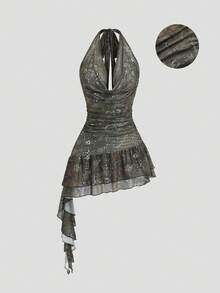 Sweetra 女士复古休闲日常百搭时尚波西米亚佩斯利印花网纱不对称荷叶边下摆系带蝴蝶结短裙，春夏款 - 彩色 - 查看 1