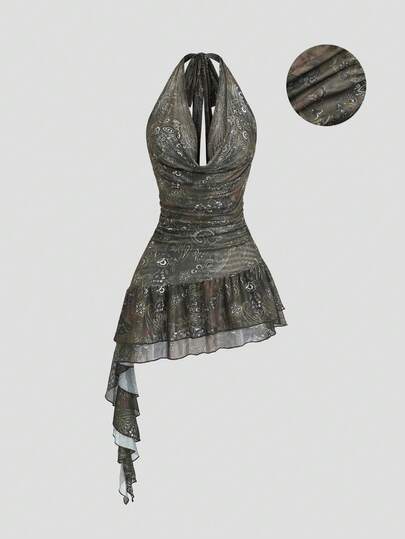 Sweetra Women's Vintage Casual Daily Versatile Fashion Bohemian Paisley Mesh Print Asymmetric Ruffle Hem Tie Neck Bow Tie Short Dress, Spring/Summer