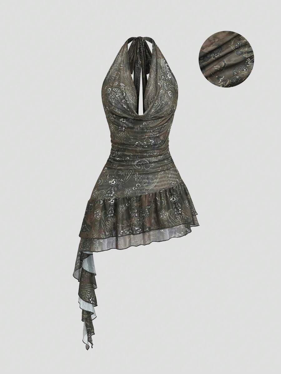 Sweetra 女士复古休闲日常百搭时尚波西米亚佩斯利印花网纱不对称荷叶边下摆系带蝴蝶结短裙，春夏款 - 彩色 - 查看 1