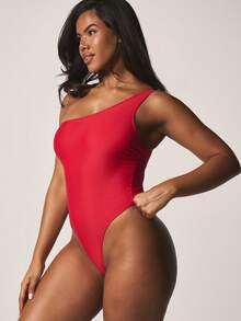 MISSGUIDED One Shoulder Swimsuit High Rise Full Coverage Bottom Solid One Piece Bathing Suit Beach Vacation Summer Swim - Burgundy - View 4