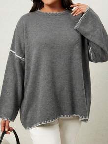 Plus Size Contrast Trim Drop Shoulder Sweater For Autumn & Winter - Coffee Brown - View 4