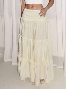 Glamine 腰部褶皱拼接蛋糕裙喇叭裙，休闲日常度假裙 - 黃色 - 查看 6